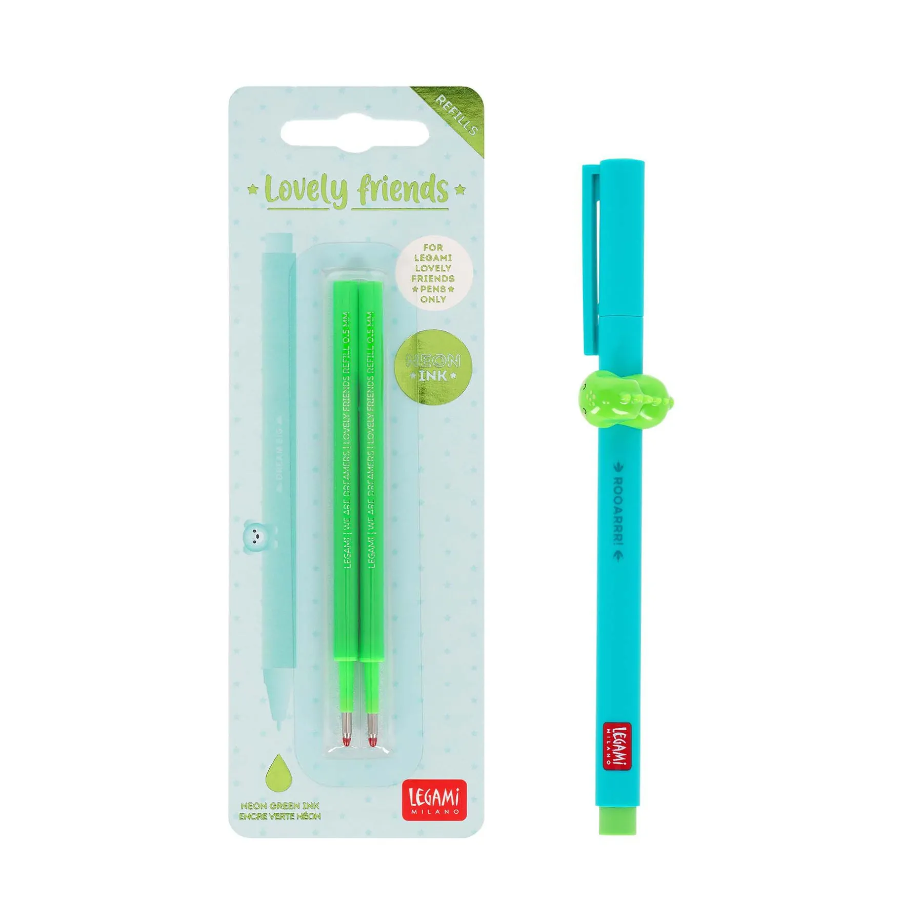 Legami Gelstifte Nachfüllminen Lovely Friends|Kugelschreiber Und Gelstifte*Set Stift Lovely Dino mit Neongrüner Ersatzmine